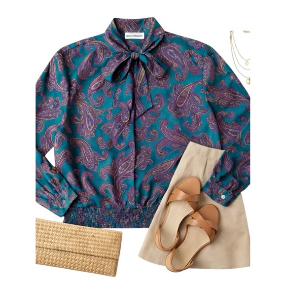 Alfred Dunner Tops - Alfred Dunner Satin Paisley Blouse Green Purple Bow Tie Vintage Top Sz 8